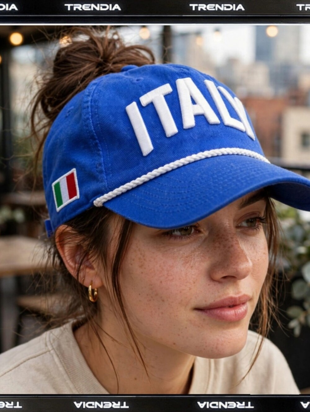 Blue 'ITALY' Embroidered Pom-Pull Baseball Cap